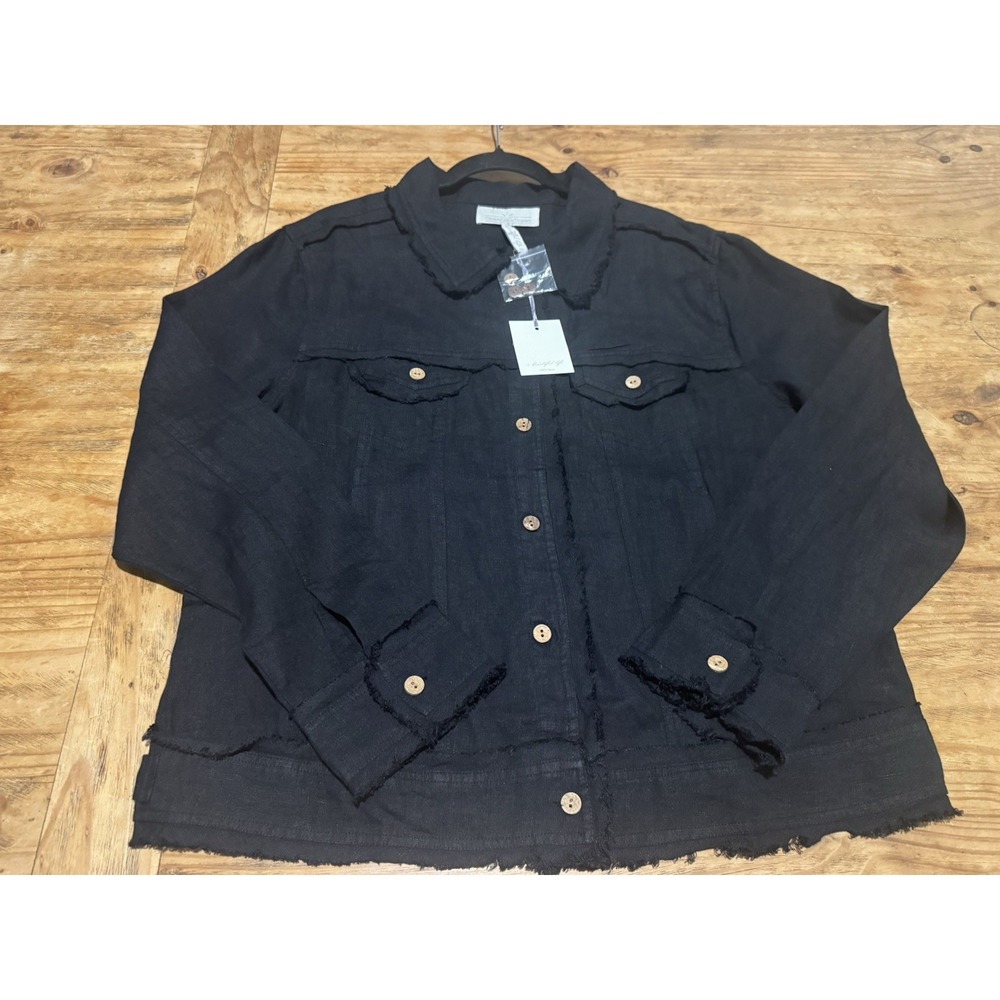 NWT Crown Linen Designs 100% Linen Jacket XL Black Raw Edge Cropped Shacket Boho - Picture 4 of 12